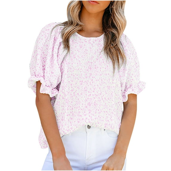 CaComMARK PI Floral Print Blouses for Women Crewneck Smocked Puff Sleeve Shirts Casual Babydoll Tops Pink 10(XL)