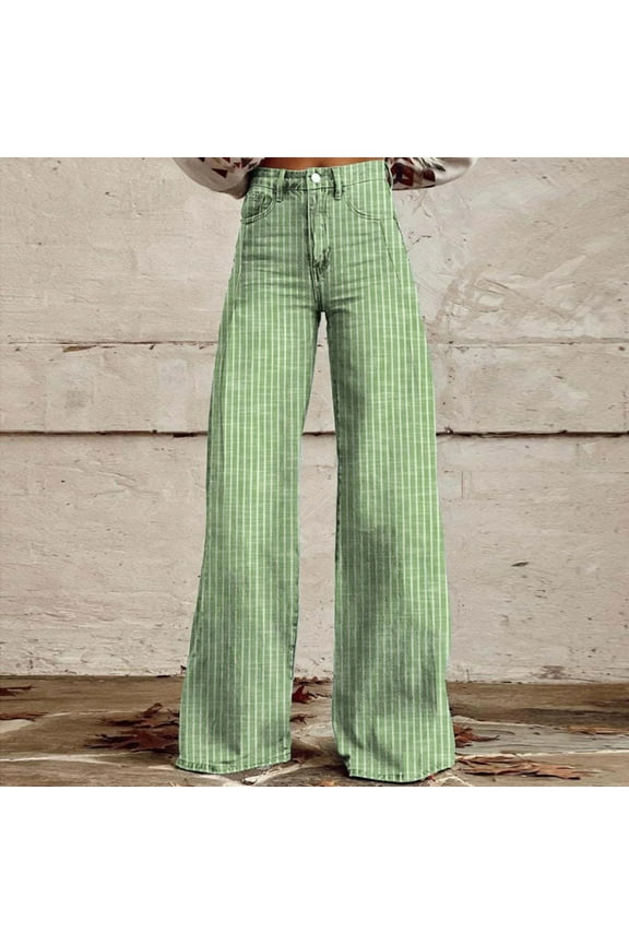 Jeans for Women Y2k Striped High Waisted Boyfriend Denim Pants Baggy Wide Leg Stretchy Bootcut Flare Jeans Green 6(M)