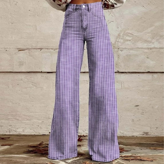 CaComMARK PI Jeans for Women Y2k Striped High Waisted Boyfriend Denim Pants Baggy Wide Leg Stretchy Bootcut Flare Jeans Purple 16(4XL)