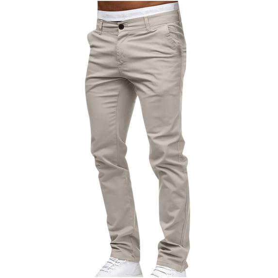 CaComMARK PI Men's Casual Button Open Slim Fit Straight Solid Color Trousers Gray
