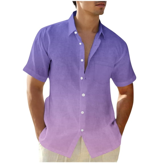 CaComMARK PI Men's Hawaiian Shirts Summer Short Sleeve Wrinkle Tee Gradient Casual Loose Button Down Shirt Tops Purple L