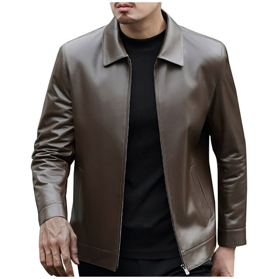 CaComMARK PI Clearance Men's Leather Jacket Vintage Leather Long Sleeve Winter Stand Collar Club Coat Fashion Men's Leather Jackets Casual Tops Brown XL