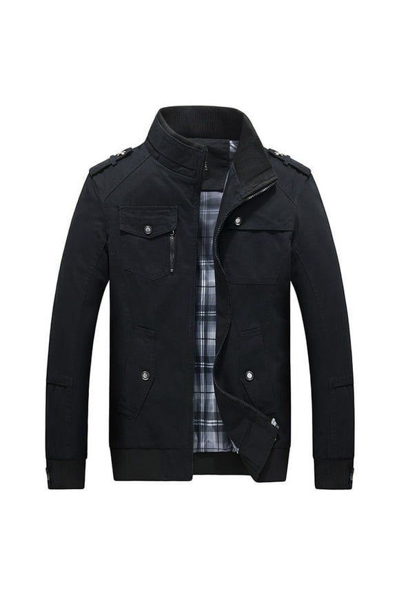 Men's Military Jacket Casual Bomber Jacket Stand Collar Canvas Jacket Windbreaker Black 8(L)
