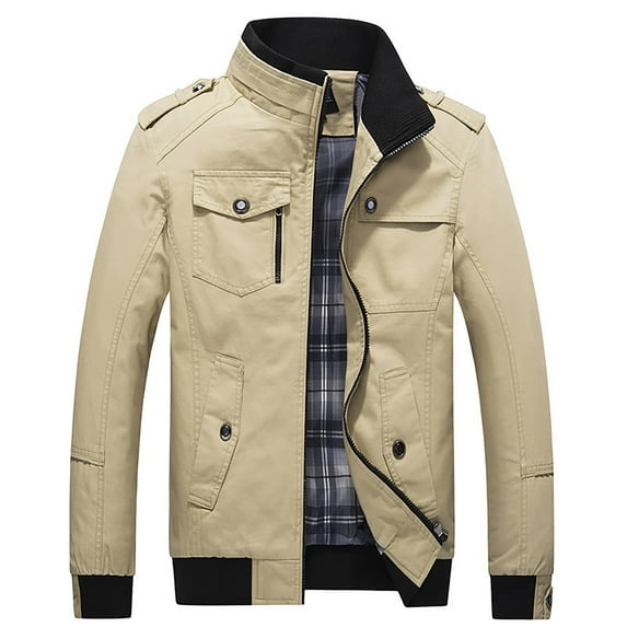 CaComMARK PI Men's Military Jacket Casual Bomber Jacket Stand Collar Canvas Jacket Windbreaker Khaki 12(XXL)