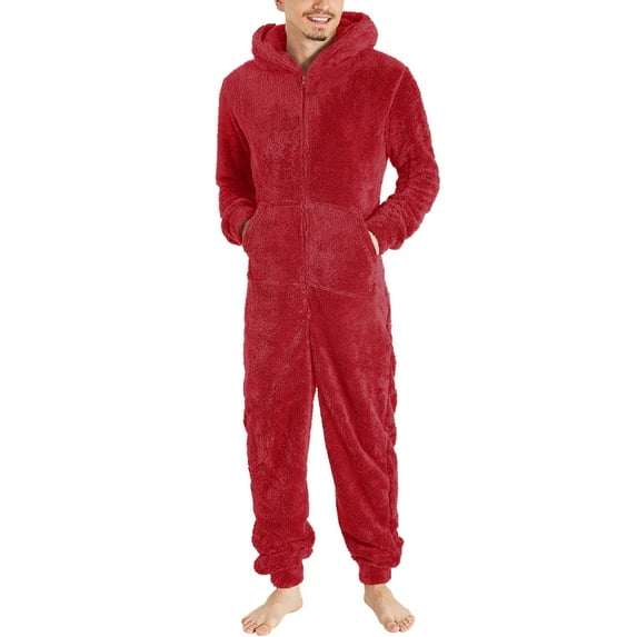 CaComMARK PI Clearance Men's Warm Fleece One Piece Hooded Zipper Pajamas Set, Soft Adult Onesie Hood Winter Red 8(L)