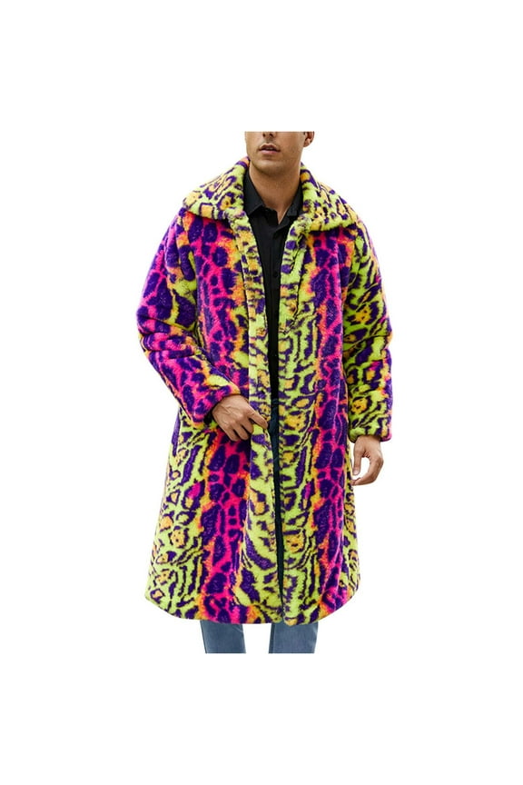 Mens Faux Fur Coat Long Leopard Jacket Winter Warm Furry Overcoat Outwear Vintage Trench Coat Cardigan Hot Pink 10(XL)