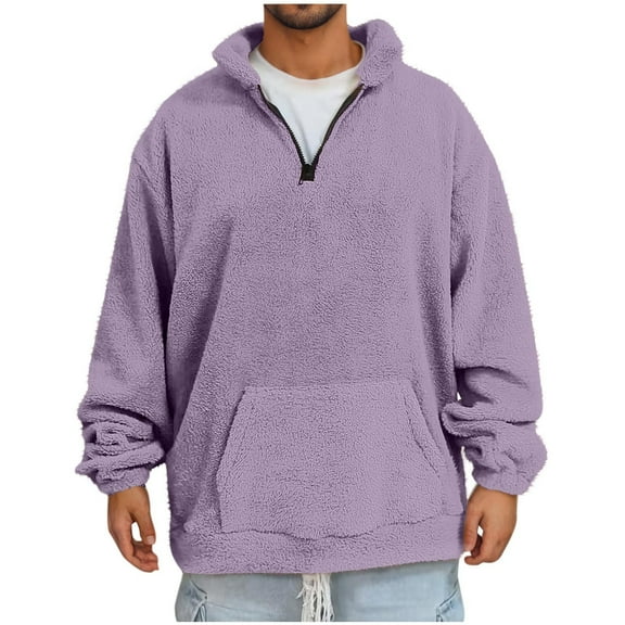 CaComMARK PI Mens Fleece Sherpa Sweatshirt 1/4 Zipper Casual Loose Solid Pullover Kangaroo Pocket Fall Winter Unisex Tops Purple 10(L)