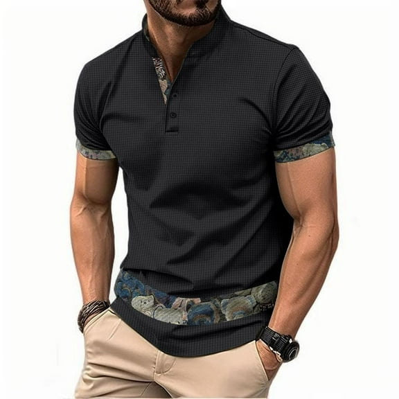 CaComMARK PI Mens Shirts Casual Stylish Button Down Short Sleeve Shirt Summer Vacation Shirts Loose Athletic Pullover Tee Black 8(L)