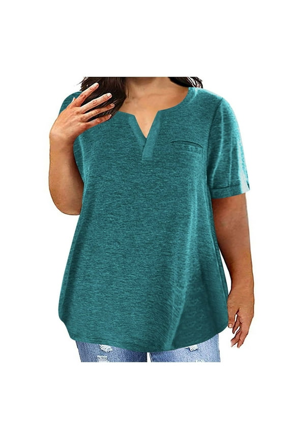 Plus Size Tops for Women Short Sleeve Summer Sexy V-Neck Blouse Solid Casual Loose Blouse Navy 14(L)
