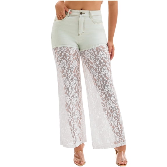 CaComMARK PI Sale Lace Jeans for Women Fashion Trend High Waist All Straight Leg Wide Leg Pants Jeans Light Blue US:8(L)