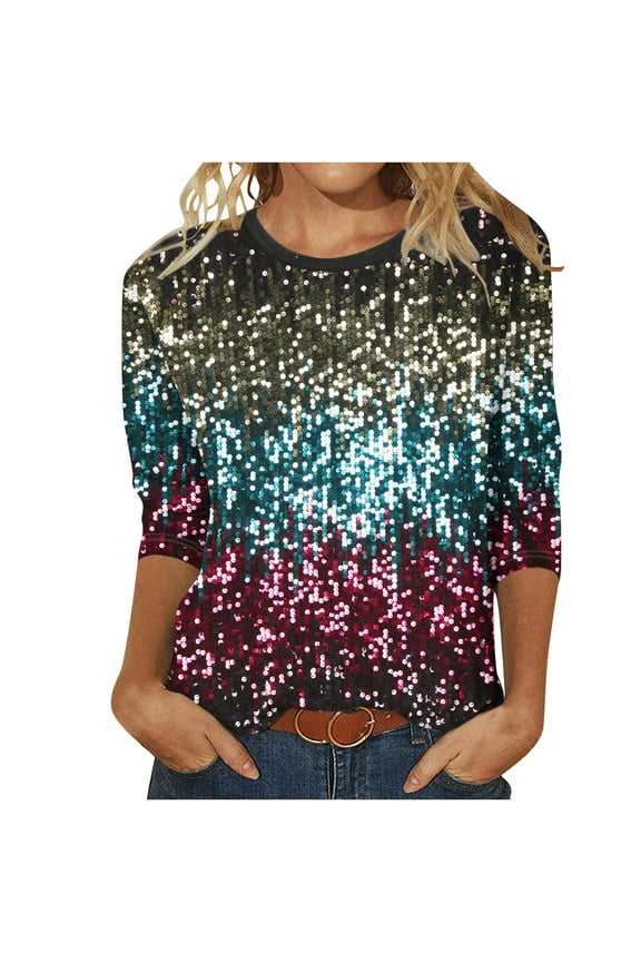 Sequins Blouse Shirt Women's Glitter 3/4 Sleeve Round Neck Tops Spring Summer Fashion Casual Ladies Clothes Multicolor 4(S)