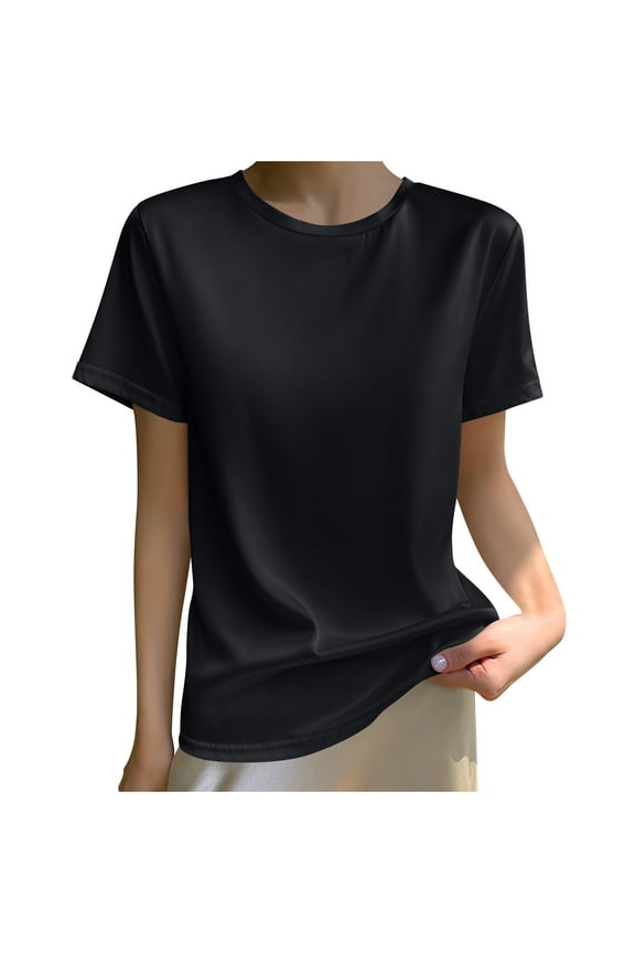Short Sleeves Shirts Tops for Women Plus Size Solid Color Crew Neck Short Sleeve Casual Shirt Top Black 12(3XL)