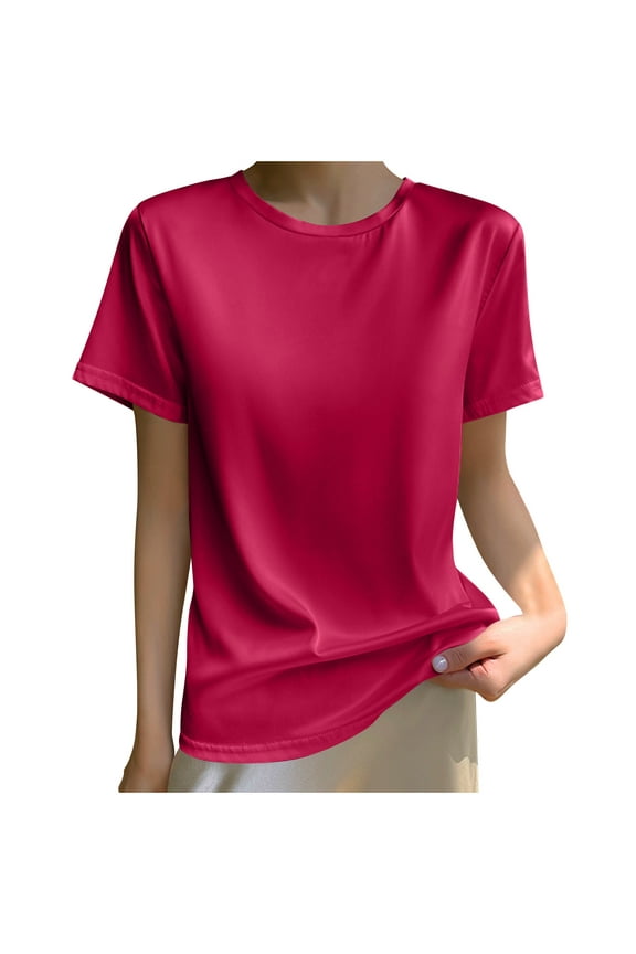 Short Sleeves Shirts Tops for Women Plus Size Solid Color Crew Neck Short Sleeve Casual Shirt Top Wine 6(L)