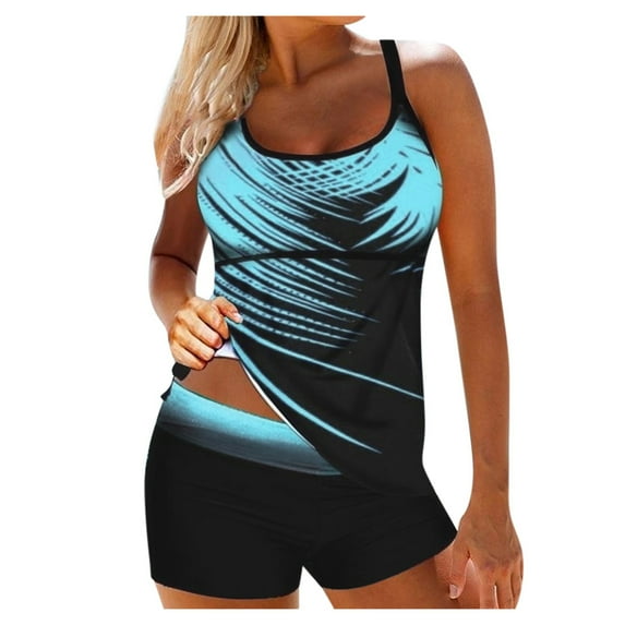 CaComMARK PI Clearance Tankini Swimsuits for Women Loose Fit Floral Printed 2 Piece Bathing Suits Blue M(M)