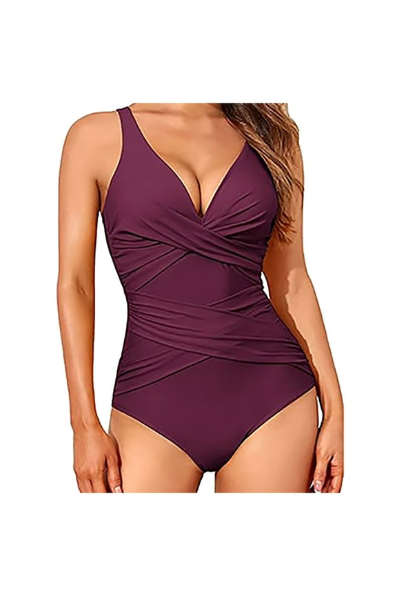 Tummy Control Swimsuits for Women Slimming One Piece Bathing Suit Retro Ruched Push Up Vintage Padded Swimwear Purple M