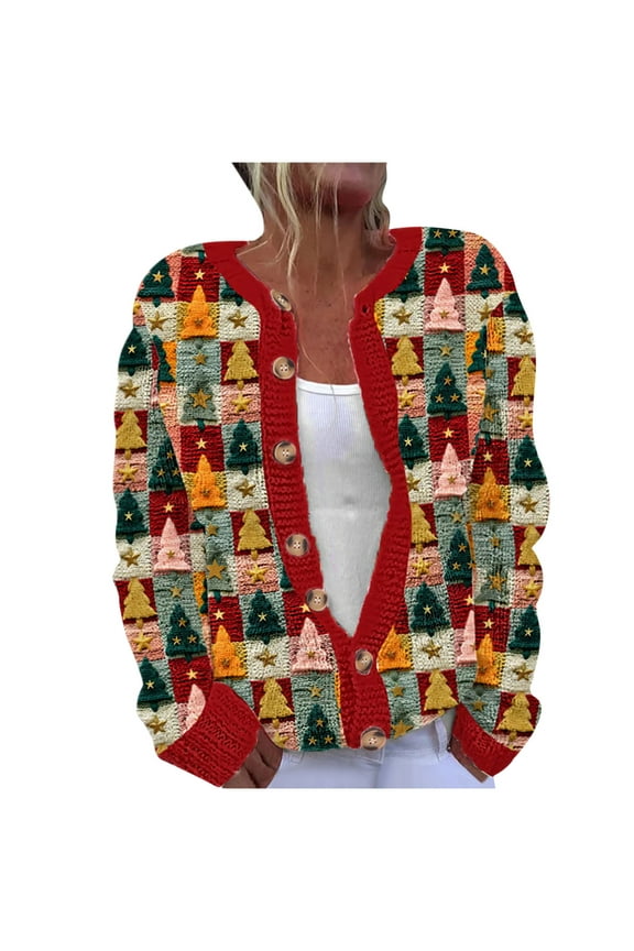 Clearance Ugly Christmas Sweaters for Women 2024 Funny Cute Printed Plus Size Knit Cardigan Long Sleeve Casual Loose Sweater Jacket Multicolor 10(XL)