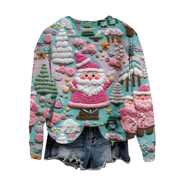 CaComMARK PI Clearance Ugly Christmas Sweatshirt for Women Funny Crewneck Santa Claus Pattern Knit Long Sleeve Pullover Top Multicolor 4(S)