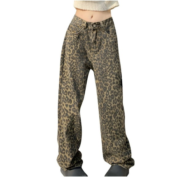 CaComMARK PI Woman Y2k Leopard Pants Wide Leg Jeans Loose Fit Jeans Hip Hop Pants Vintage Baggy Trousers Khaki 4(S)
