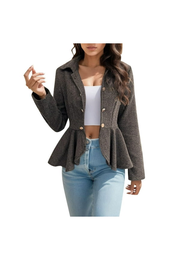 Clearance Women Blazer Business Work office Peplum Hem Jacket Open Front Herringbone Coats Khaki 10(XL)