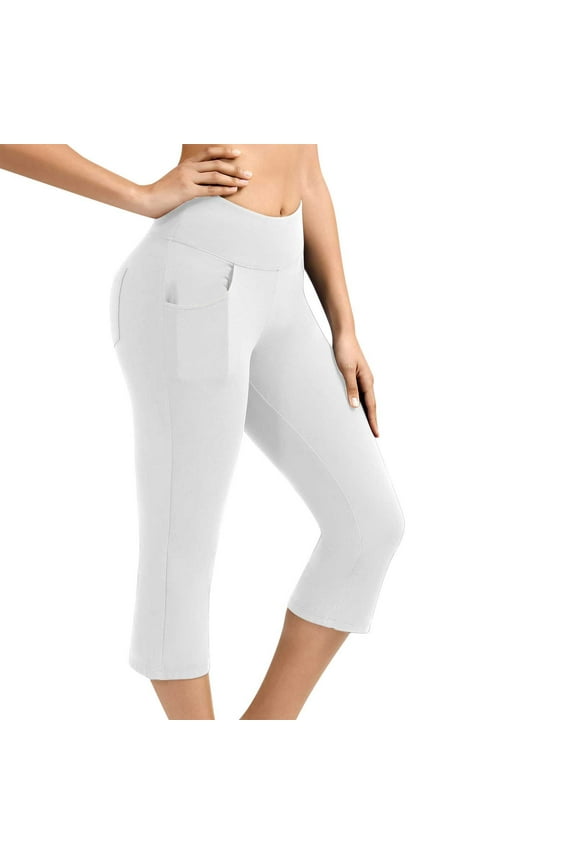 Clearance Women Casual Summer Knee Length Leggings High Waisted Yoga Workout Exercise Capris with Pockets White