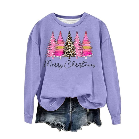 CaComMARK PI Clearance Women Christmas Sweaters Xmas Tree Long Sleeve Sweatshirts Holiday Graphic Shirts Purple