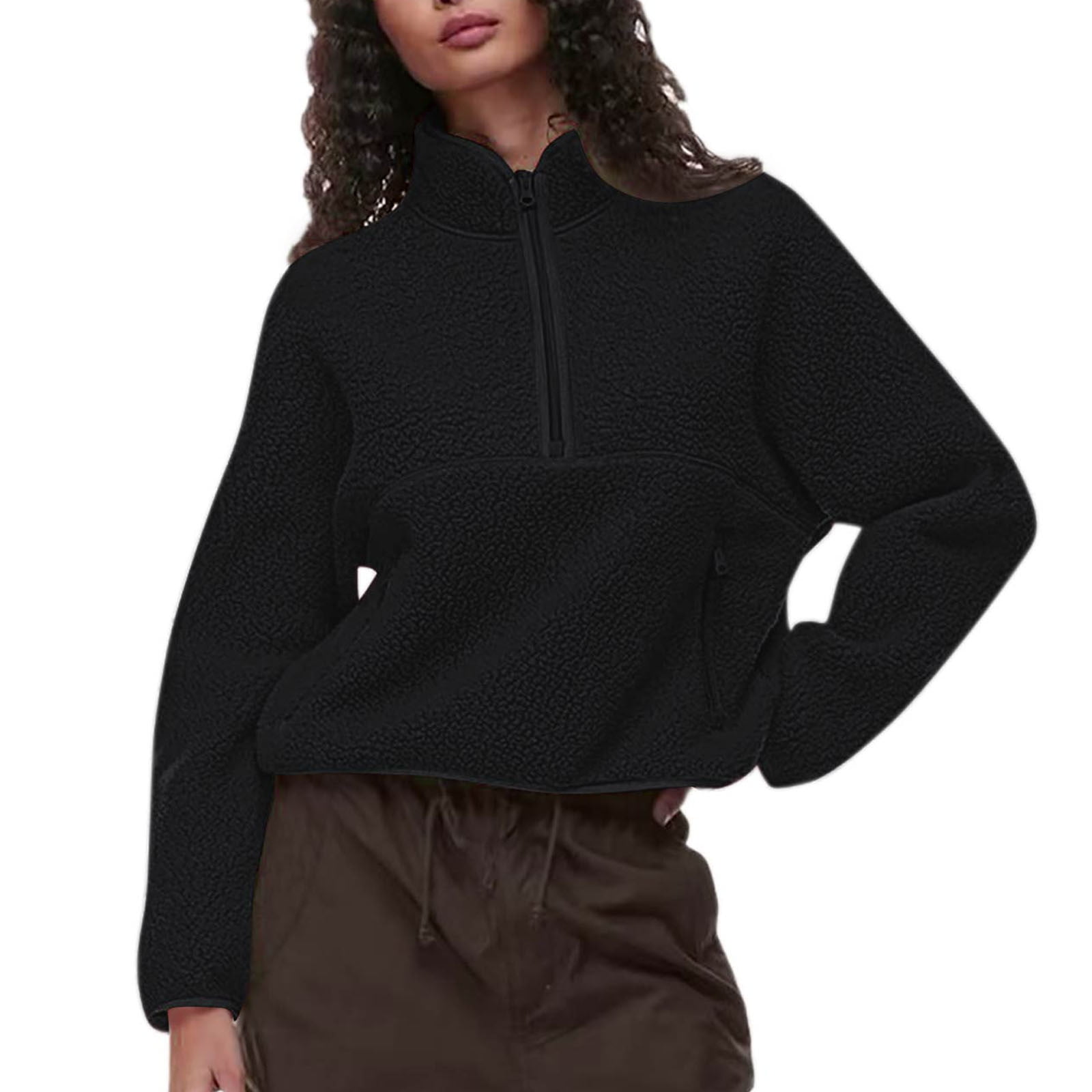 PI Clearance Women Half Zip Pullover Cropped Fleece Quarter