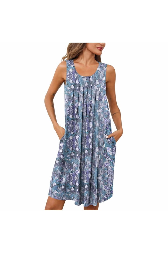 Clearance Women Nightdress Florals Print Sleeveless Pleated U Neck Sleepwear with Pockets Light Blue XXL(XXL)