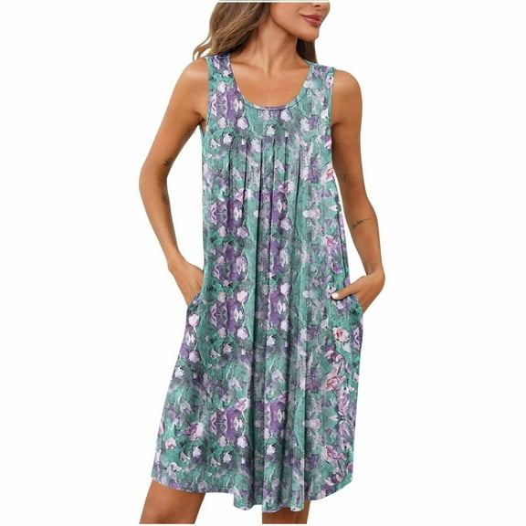 CaComMARK PI Clearance Women Nightdress Florals Print Sleeveless Pleated U Neck Sleepwear with Pockets Sky Blue L(L)