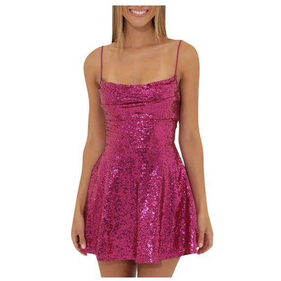 CaComMARK PI Women Sparkly Sequin Mini Dress Spaghetti Strap Backless Ruche High Waist Short Dresses Elegant Party Dress Hot Pink 10(XL)