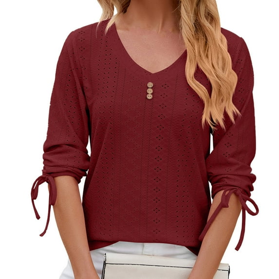 CaComMARK PI Clearance Women's Blouse Tops Loose V Neck 3/4 Sleeve Shirt Red 4(S)