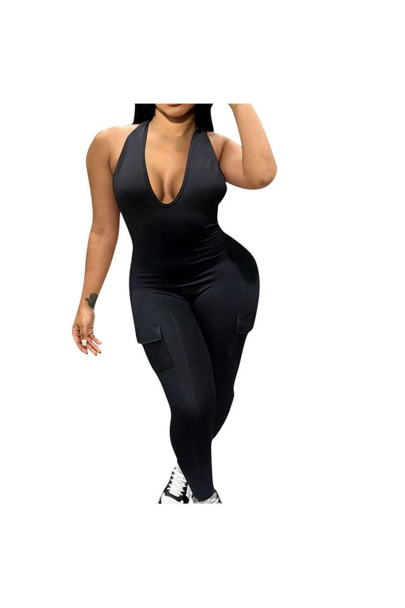 Women's Bodycon Sexy Halter Deep V Neck Jumpsuits Workout Seamless One Piece Rompers 2024 with pockets Black 4-8(S)