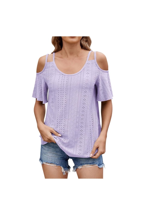 Women's Cold Shoulder Short Sleeve Tunic Tops Summer Loose Casual Shirts Blouses Loose Tee Trendy Going Purple 4-6(S)