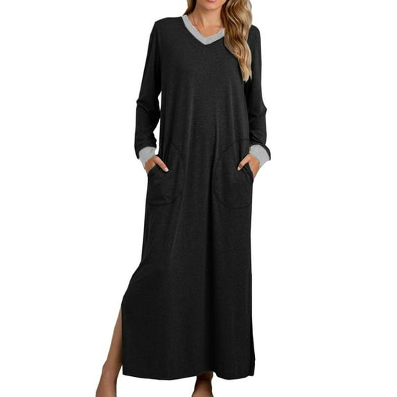CaComMARK PI Clearance Women's Full Length Long Sleeve Nightgown V-Neck Pocket Side Slit Sleepwear Long Dress Black 6(M)