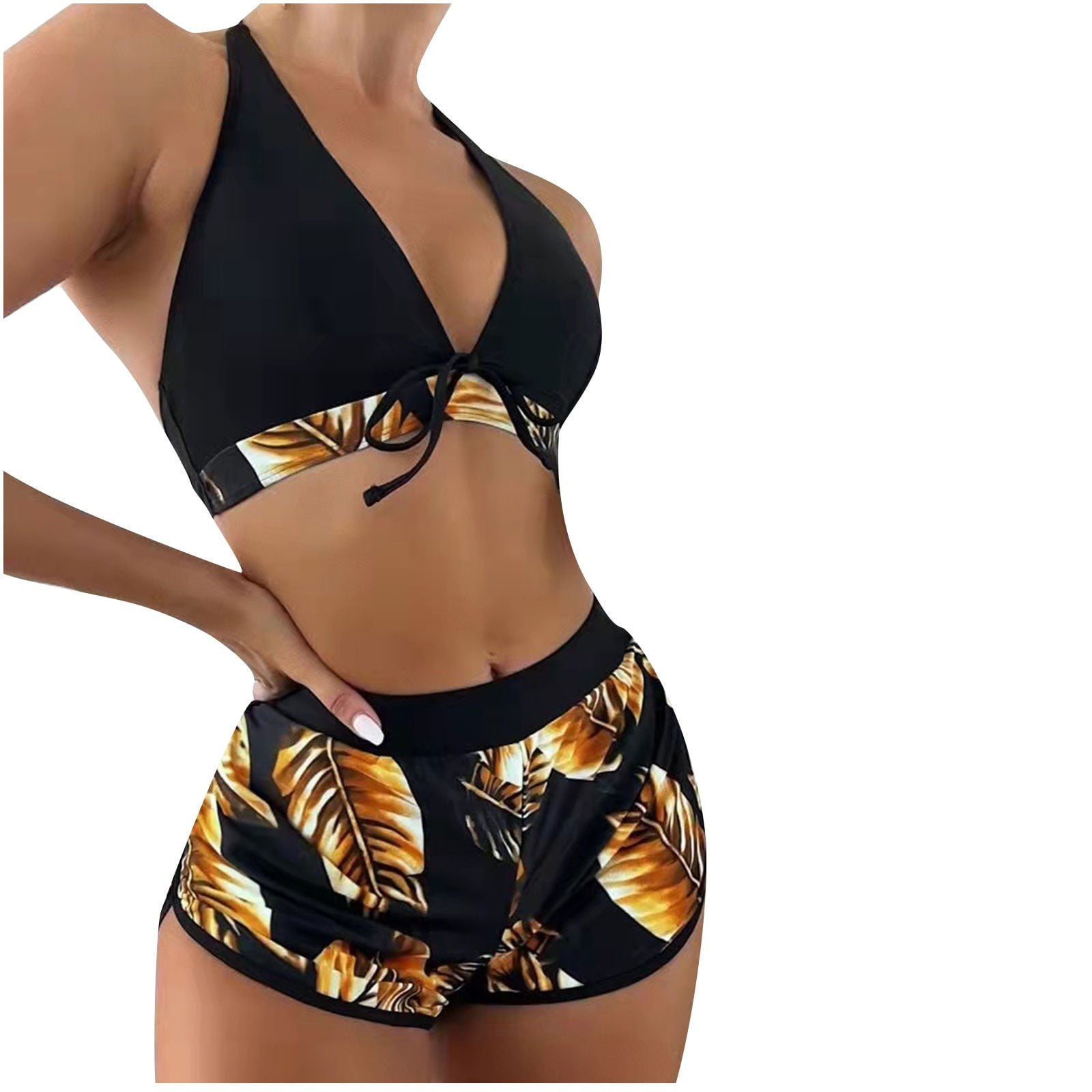 CaComMARK PI Clearance Women s Halter Top Floral Swim Shorts Bikini Set 2 Piece Swimsuit Bathing Suit Yellow Walmart