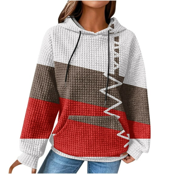 CaComMARK PI Clearance Women's Long sleeves Color Block Hoodie Tops Cute Casual Drawstring Loose Lightweight Tunic Pullover White 6(M)