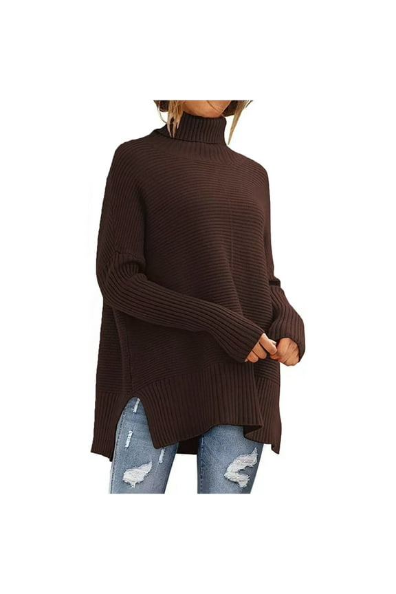 Women's Oversized Turtleneck Sweaters Fall Batwing Sleeve Ribbed Tunic Sweater Brown 8(L)