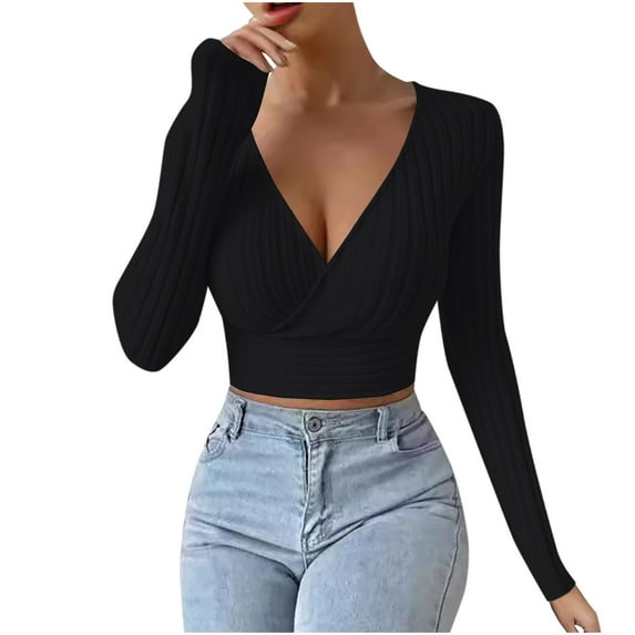 CaComMARK PI Women's Pullover Ribbed Cropped Wrap Deep V Neck Knitwear Ruched Knitted Crop Top Solid Long Sleeve T-Shirt Black 4(S)