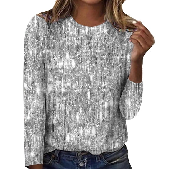CaComMARK PI Clearance Women's Sequin Tops Sparkle Long Sleeve Blouses Shimmer Glitter Party Crewneck Loose Fit Shirts Gray 8(L)