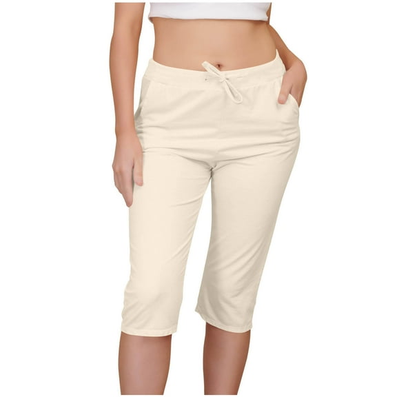 CaComMARK PI Women's Summer Casual Elastic Waist Printed Cropped Pants Beige M