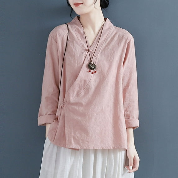 CaComMARK PI Clearance Women's Wrap V Neck Cotton Linen Blouse Vintage Chinese Frog Button Tunic Shirts Casual Loose Long Sleeve Top Pink 12(XXL)