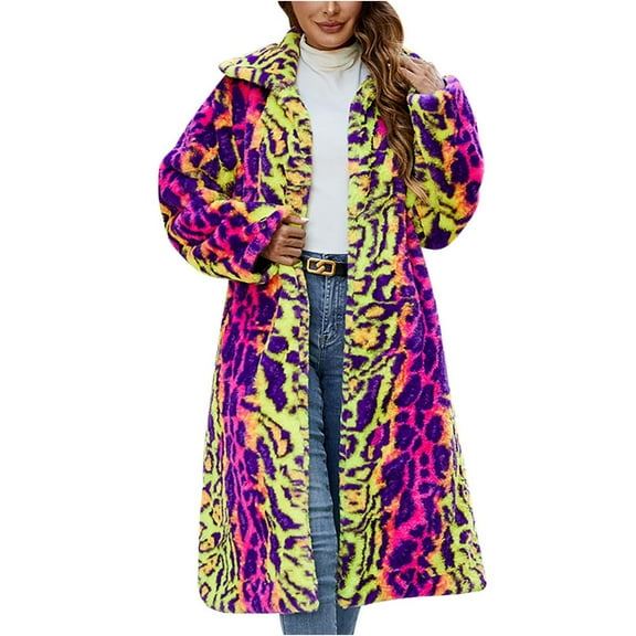 CaComMARK PI Clearance Womens Faux Fur Coats Long Leopard Jackets Loose Warm Fall Winter Fluffy Jacket Outwear Hot Pink 8(L)