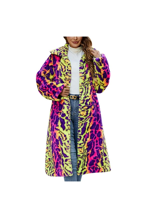 Clearance Womens Faux Fur Coats Long Leopard Jackets Loose Warm Fall Winter Fluffy Jacket Outwear Hot Pink 8(L)