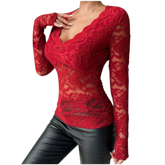 CaComMARK PI Clearance Womens Lace Tops Shirts Sexy Floral Long Sleeve Deep V Neck Casual Dressy Blouses Shirt Wine 12-14(L)