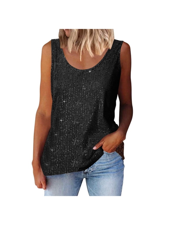 Womens Sequin Tank Tops Glitter Loose Fit Casual Flowy Tank Scoop Neck Trendy Sleeveless Summer Tops Clothes Outfits 2025 Black 10(XL)