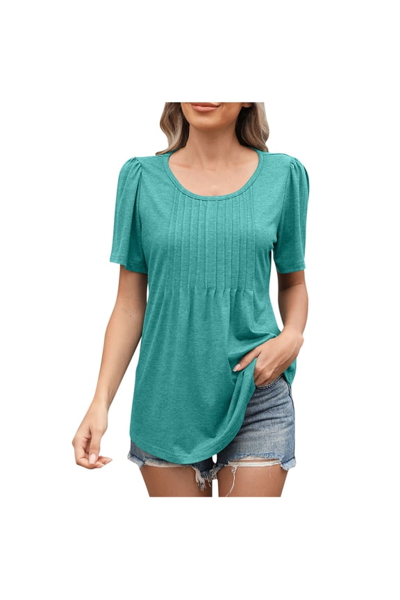 Womens T Shirts Short Sleeve Pleated Dressy Casual Scooped Neck Summer Tops Blouses Mint Green 4-6(S)