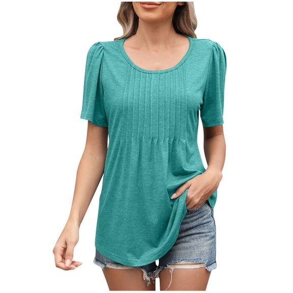 CaComMARK PI Womens T Shirts Short Sleeve Pleated Dressy Casual Scooped Neck Summer Tops Blouses Mint Green 4-6(S)