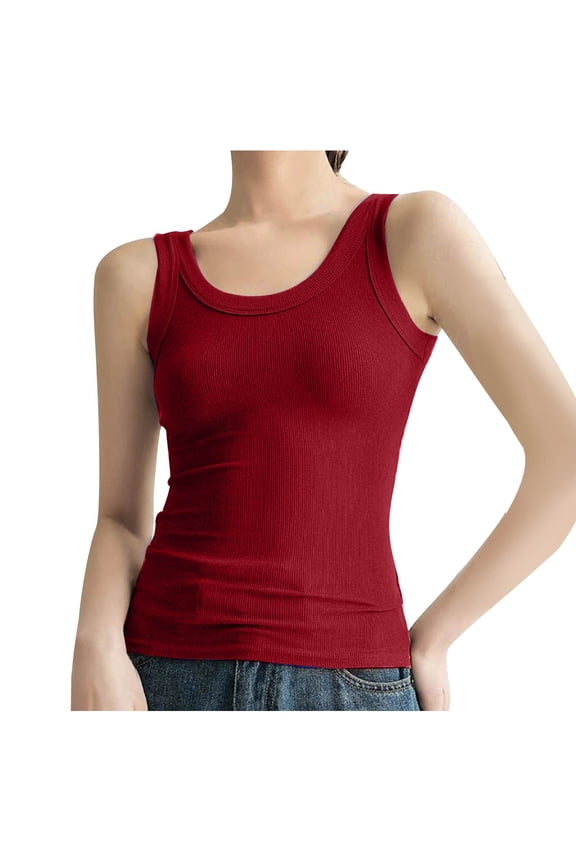 Womens Tank Tops Summer Sex Slim Comfortable Scoop Neck Ribbed Top Sleeveless Cropped Solid Top Red 8(L)