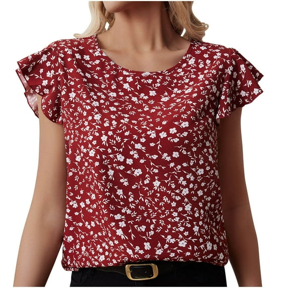 CaComMARK PI Womens Top Shirt Summer Casual Floral Print Round Neck Basic Ruffle Sleeve Blouses Red XL(XL)