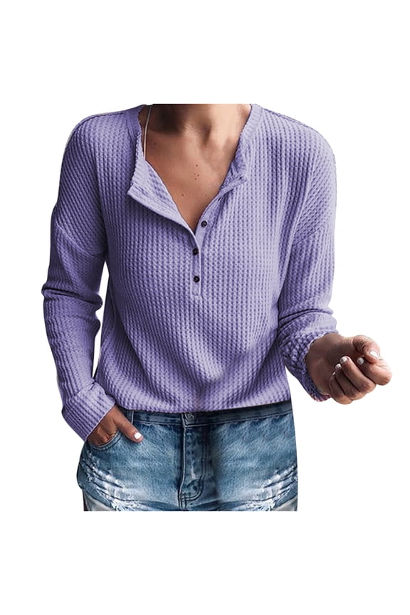 Womens Waffle Knit Tunic Tops Loose Long Sleeve Button Up V Neck Henley Shirts Purple 6(M)