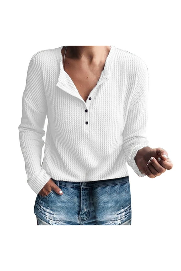 Womens Waffle Knit Tunic Tops Loose Long Sleeve Button Up V Neck Henley Shirts White 10(XL)